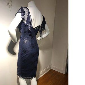 Le Chateau Blue Foil Sheer Lace Formal Bodycon Ruffle Off- Shoulder Dress NWT